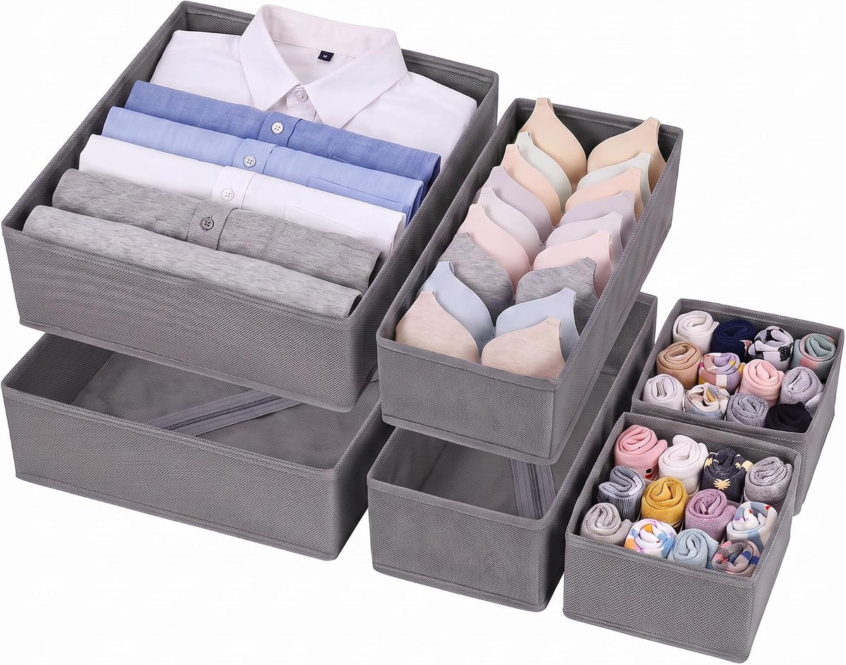 Drawer Organizer Clothes, 6 Pack Dresser Organizer Bins, Foldable Fabric Closet Organizers and Storage, Three Sizes Drawer Dividers for Baby Clothes, Underwear, Socks, Nursery, Bedroom, Gray
