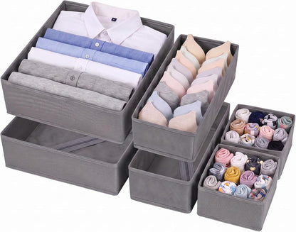 Drawer Organizer Clothes, 6 Pack Dresser Organizer Bins, Foldable Fabric Closet Organizers and Storage, Three Sizes Drawer Dividers for Baby Clothes, Underwear, Socks, Nursery, Bedroom, Gray