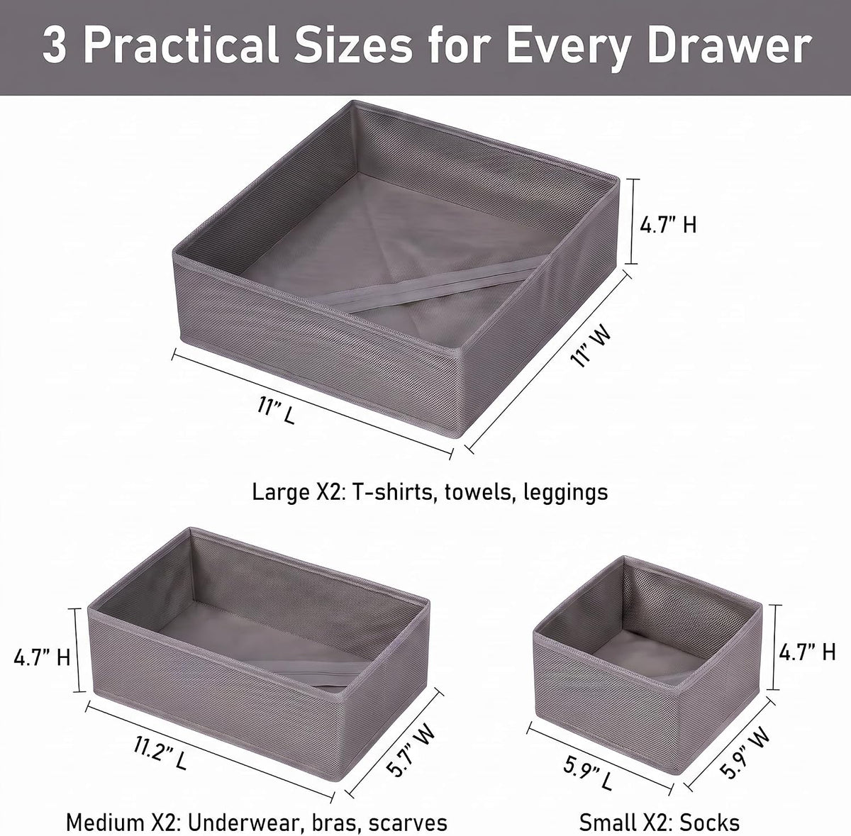 Drawer Organizer Clothes, 6 Pack Dresser Organizer Bins, Foldable Fabric Closet Organizers and Storage, Three Sizes Drawer Dividers for Baby Clothes, Underwear, Socks, Nursery, Bedroom, Gray