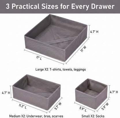 Drawer Organizer Clothes, 6 Pack Dresser Organizer Bins, Foldable Fabric Closet Organizers and Storage, Three Sizes Drawer Dividers for Baby Clothes, Underwear, Socks, Nursery, Bedroom, Gray