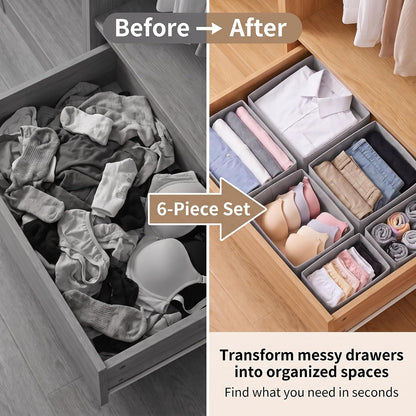 Drawer Organizer Clothes, 6 Pack Dresser Organizer Bins, Foldable Fabric Closet Organizers and Storage, Three Sizes Drawer Dividers for Baby Clothes, Underwear, Socks, Nursery, Bedroom, Gray