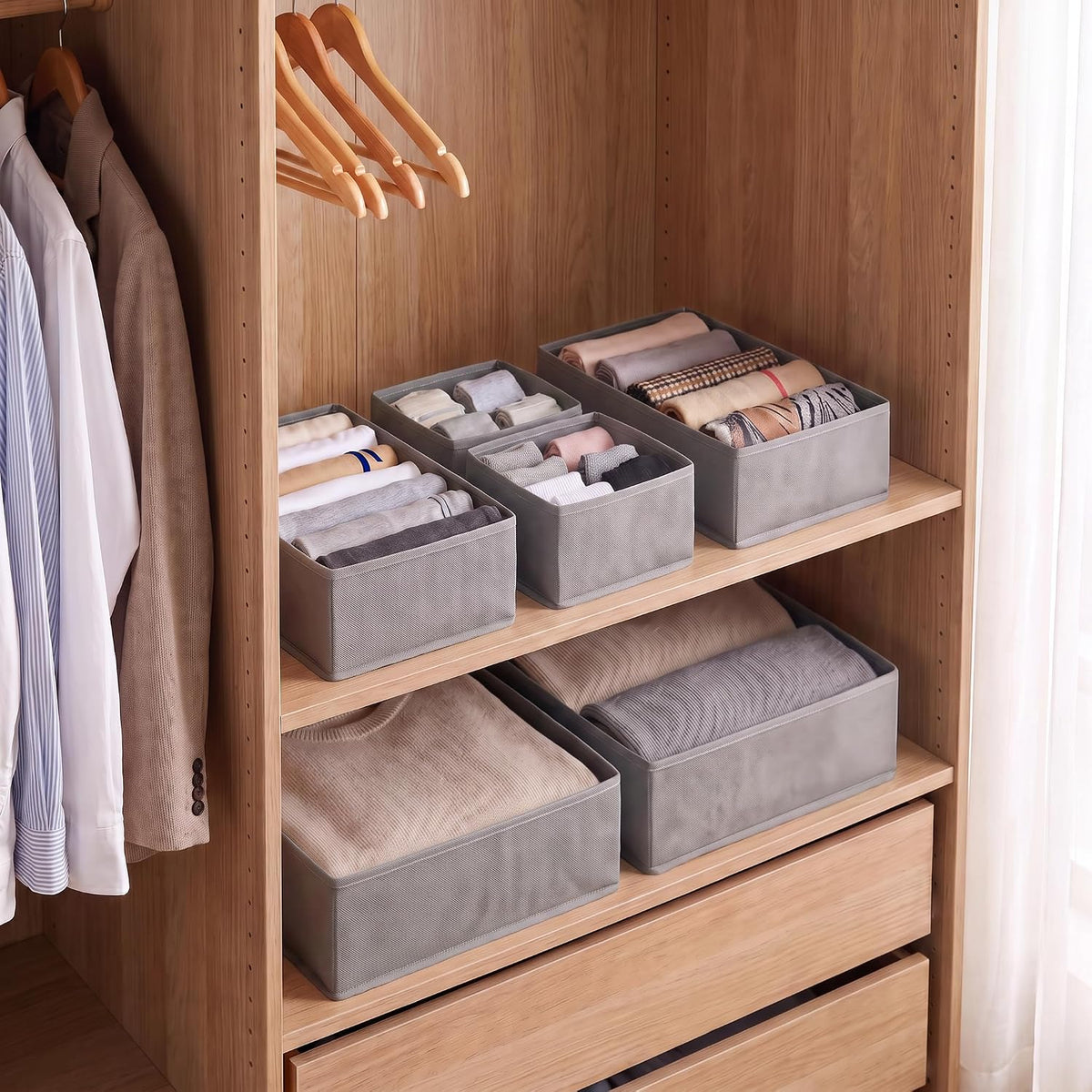 Drawer Organizer Clothes, 6 Pack Dresser Organizer Bins, Foldable Fabric Closet Organizers and Storage, Three Sizes Drawer Dividers for Baby Clothes, Underwear, Socks, Nursery, Bedroom, Gray