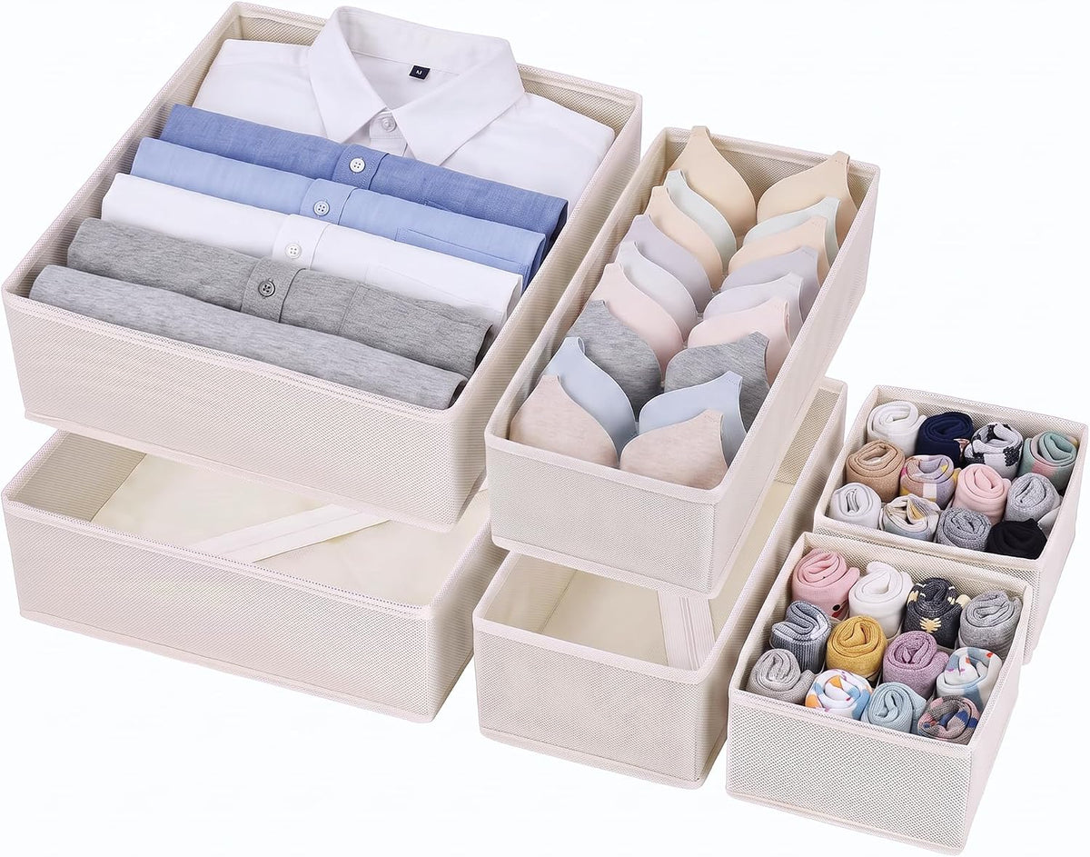 Drawer Organizer Clothes, 6 Pack Dresser Organizer Bins, Foldable Fabric Closet Organizers and Storage, Three Sizes Drawer Dividers for Baby Clothes, Underwear, Socks, Nursery, Bedroom, Gray