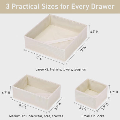 Drawer Organizer Clothes, 6 Pack Dresser Organizer Bins, Foldable Fabric Closet Organizers and Storage, Three Sizes Drawer Dividers for Baby Clothes, Underwear, Socks, Nursery, Bedroom, Gray