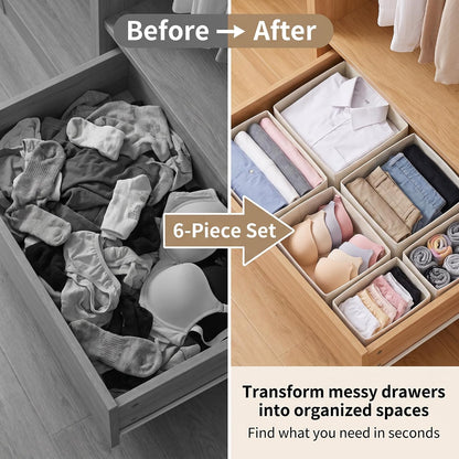 Drawer Organizer Clothes, 6 Pack Dresser Organizer Bins, Foldable Fabric Closet Organizers and Storage, Three Sizes Drawer Dividers for Baby Clothes, Underwear, Socks, Nursery, Bedroom, Gray