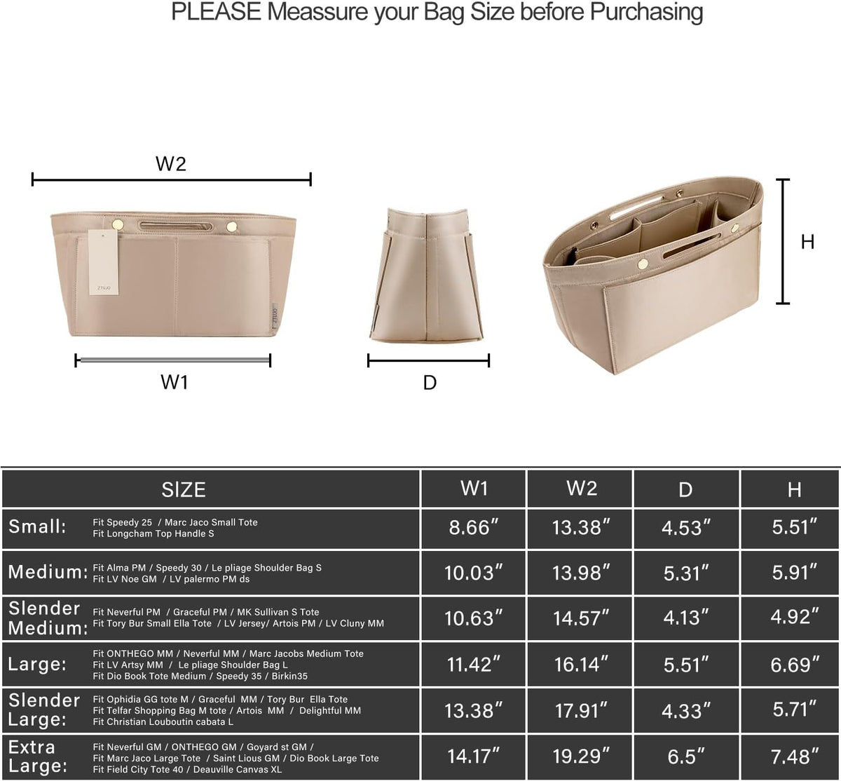 Purse Organizer Insert For Handbag & Tote Shaper,Tote Bag Organizer Insert For Speedy Neverful, 6 Sizes(Small, Silky Beige)