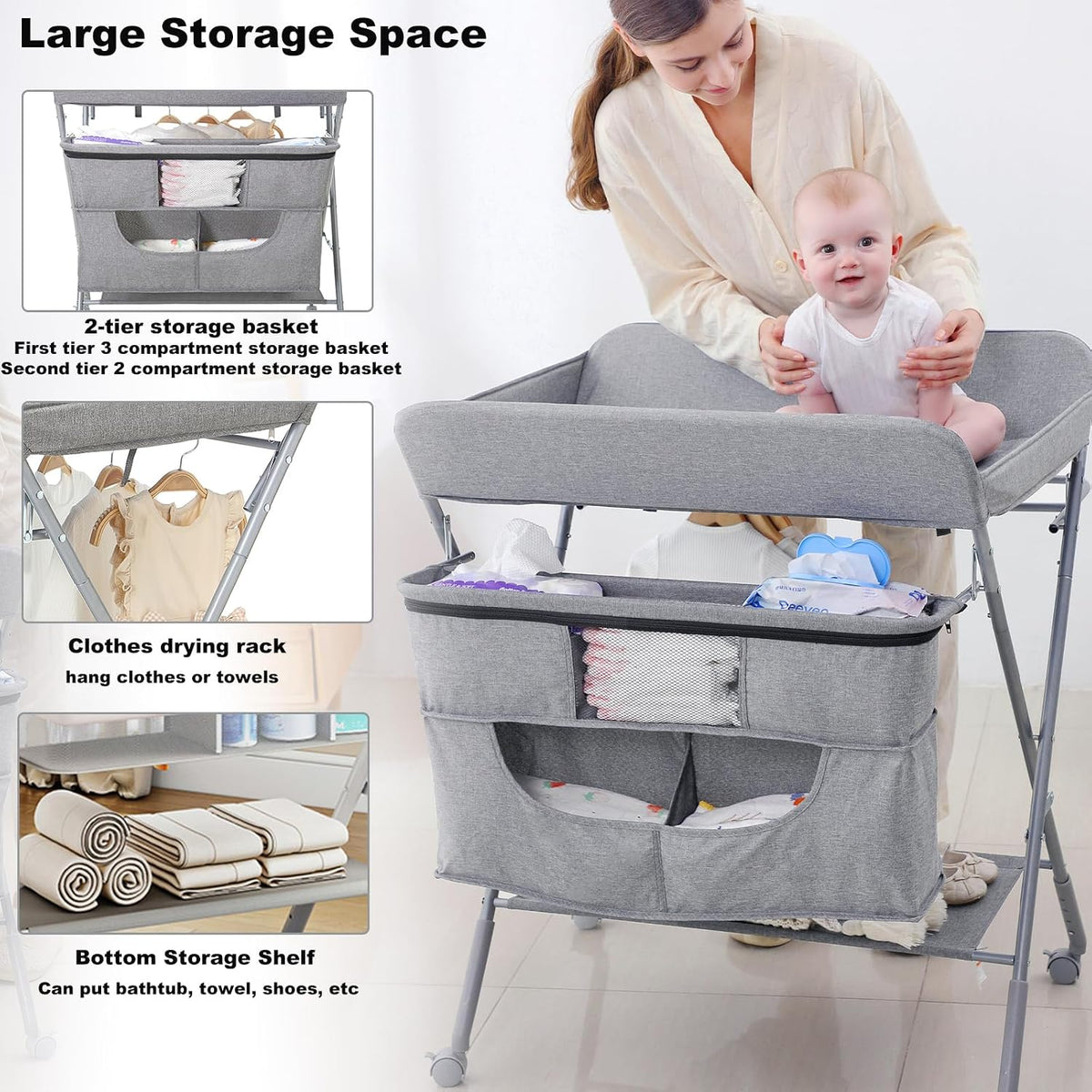 Portable Baby Changing Station with Adjustable Height - Foldable Diaper Table with Wheels,Waterproof Pad, Safety Belt & Large Storage Racks, Ideal for Newborn and Infants (Light Grey)