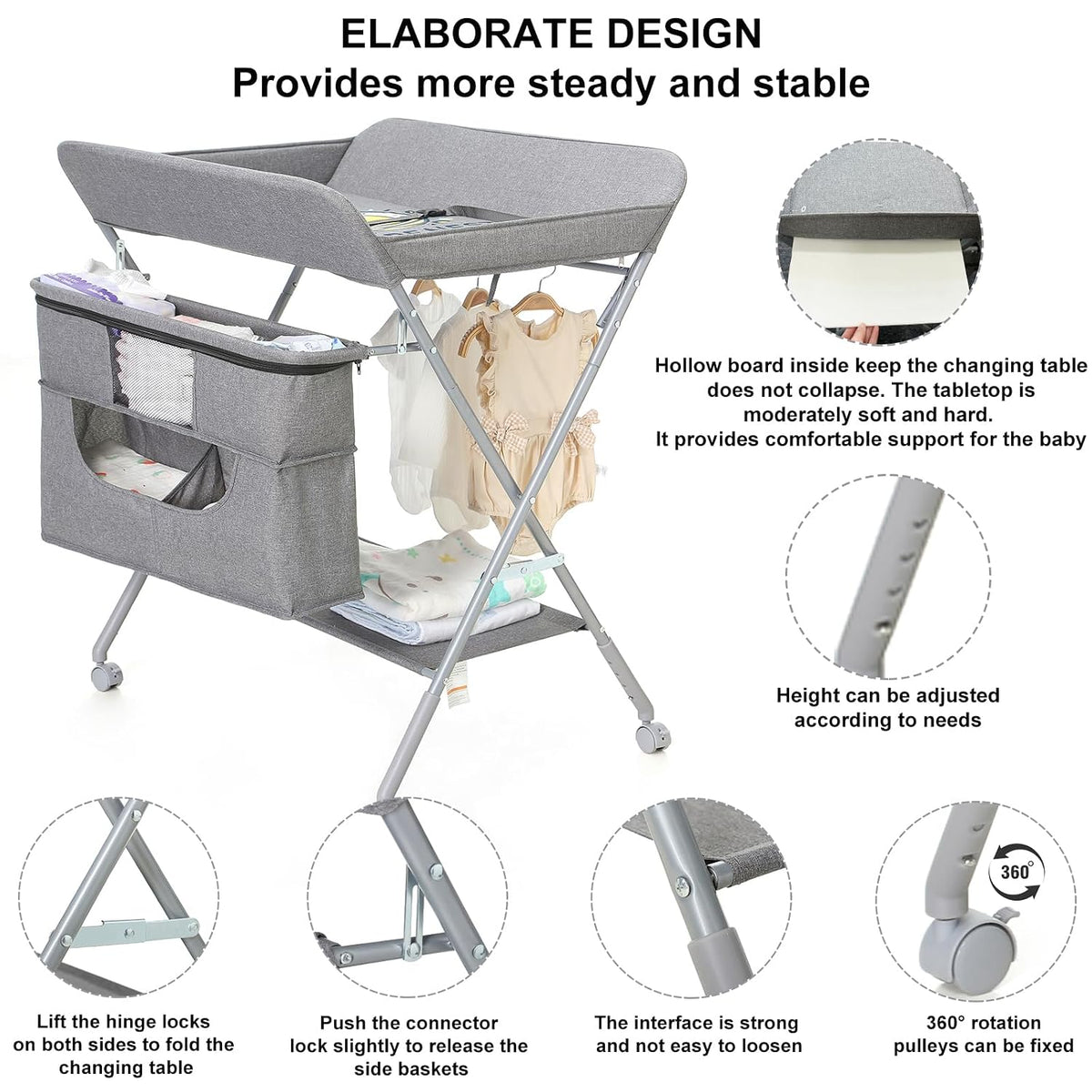 Portable Baby Changing Station with Adjustable Height - Foldable Diaper Table with Wheels,Waterproof Pad, Safety Belt & Large Storage Racks, Ideal for Newborn and Infants (Light Grey)