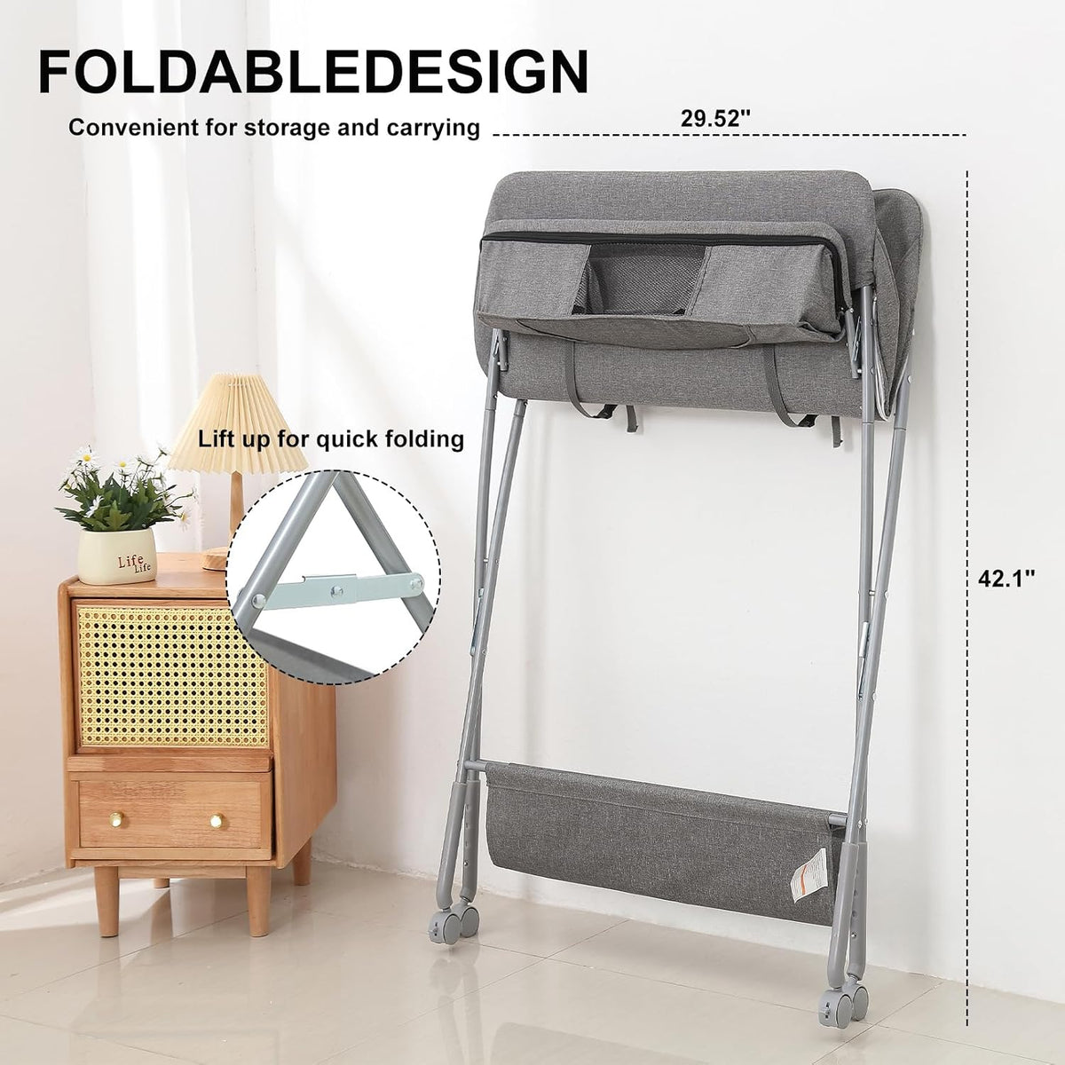 Portable Baby Changing Station with Adjustable Height - Foldable Diaper Table with Wheels,Waterproof Pad, Safety Belt & Large Storage Racks, Ideal for Newborn and Infants (Light Grey)