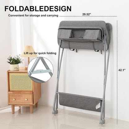 Portable Baby Changing Station with Adjustable Height - Foldable Diaper Table with Wheels,Waterproof Pad, Safety Belt & Large Storage Racks, Ideal for Newborn and Infants (Light Grey)