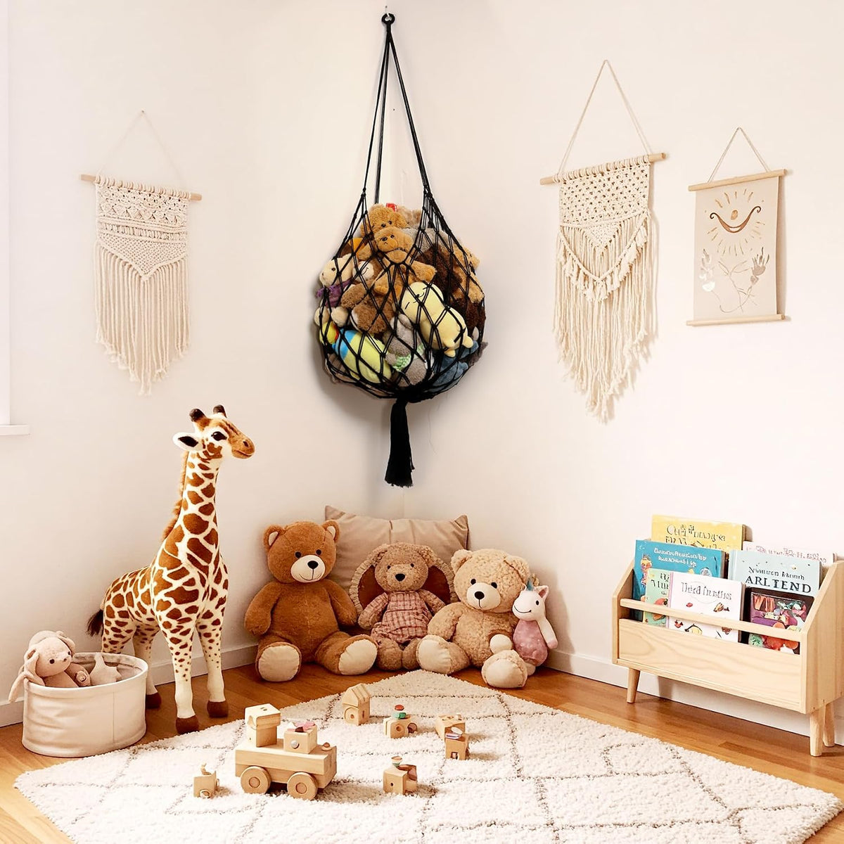 Stuffed Animal Storage Hammock Corner Hanging Net Stuffy Animal Hammock Macrame Toy Display Plush Toy Holder for Kid Bedroom Decor Boho Nursery Playroom Organizer (Cream)