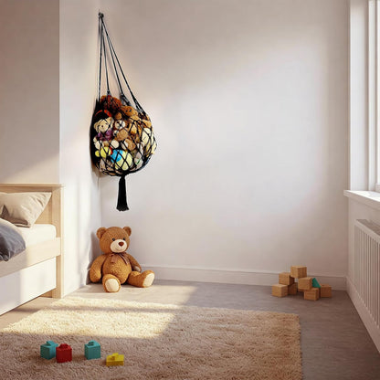 Stuffed Animal Storage Hammock Corner Hanging Net Stuffy Animal Hammock Macrame Toy Display Plush Toy Holder for Kid Bedroom Decor Boho Nursery Playroom Organizer (Cream)