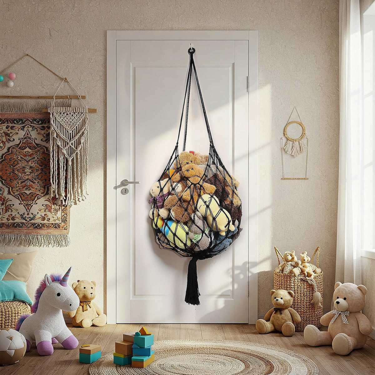 Stuffed Animal Storage Hammock Corner Hanging Net Stuffy Animal Hammock Macrame Toy Display Plush Toy Holder for Kid Bedroom Decor Boho Nursery Playroom Organizer (Cream)
