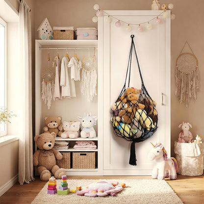 Stuffed Animal Storage Hammock Corner Hanging Net Stuffy Animal Hammock Macrame Toy Display Plush Toy Holder for Kid Bedroom Decor Boho Nursery Playroom Organizer (Cream)