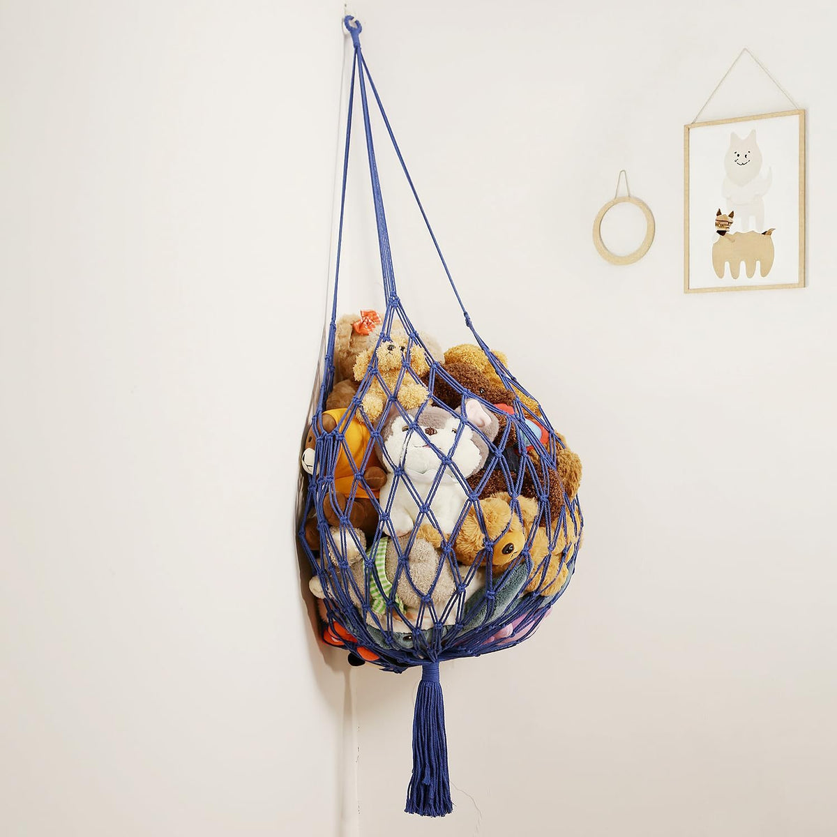 Stuffed Animal Storage Hammock Corner Hanging Net Stuffy Animal Hammock Macrame Toy Display Plush Toy Holder for Kid Bedroom Decor Boho Nursery Playroom Organizer (Cream)