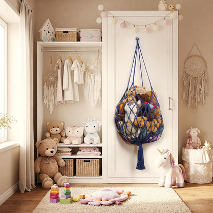 Stuffed Animal Storage Hammock Corner Hanging Net Stuffy Animal Hammock Macrame Toy Display Plush Toy Holder for Kid Bedroom Decor Boho Nursery Playroom Organizer (Cream)