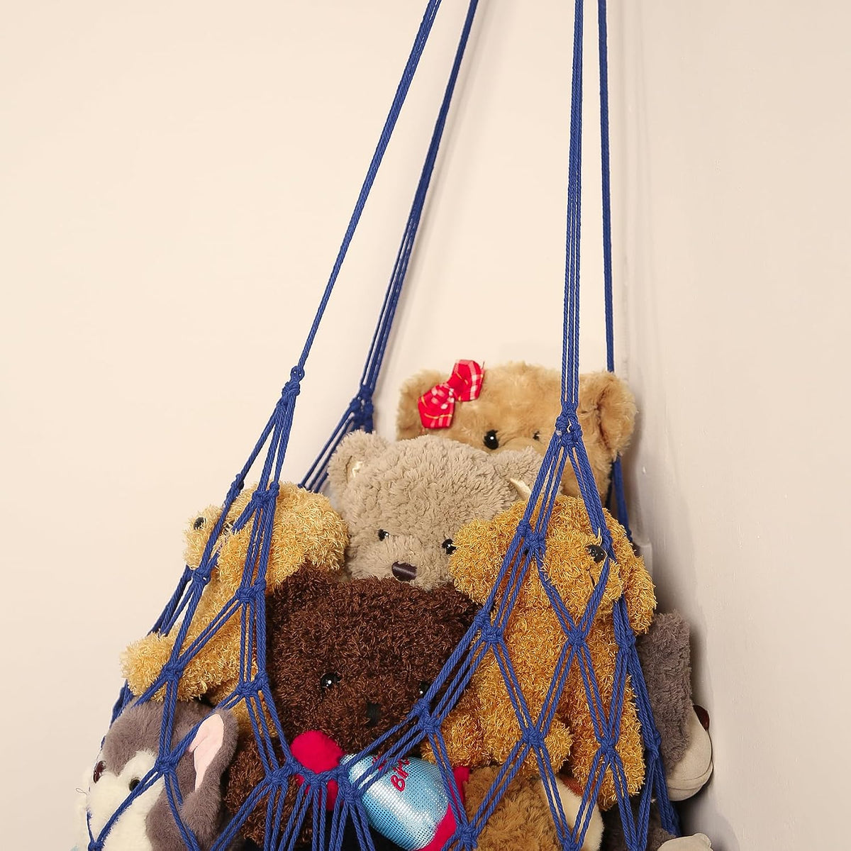 Stuffed Animal Storage Hammock Corner Hanging Net Stuffy Animal Hammock Macrame Toy Display Plush Toy Holder for Kid Bedroom Decor Boho Nursery Playroom Organizer (Cream)