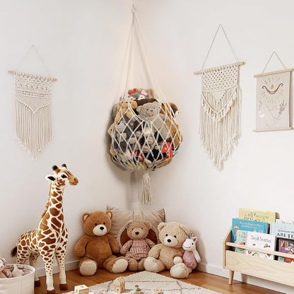 Stuffed Animal Storage Hammock Corner Hanging Net Stuffy Animal Hammock Macrame Toy Display Plush Toy Holder for Kid Bedroom Decor Boho Nursery Playroom Organizer (Cream)
