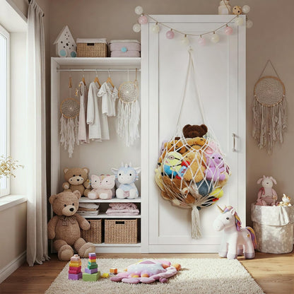 Stuffed Animal Storage Hammock Corner Hanging Net Stuffy Animal Hammock Macrame Toy Display Plush Toy Holder for Kid Bedroom Decor Boho Nursery Playroom Organizer (Cream)