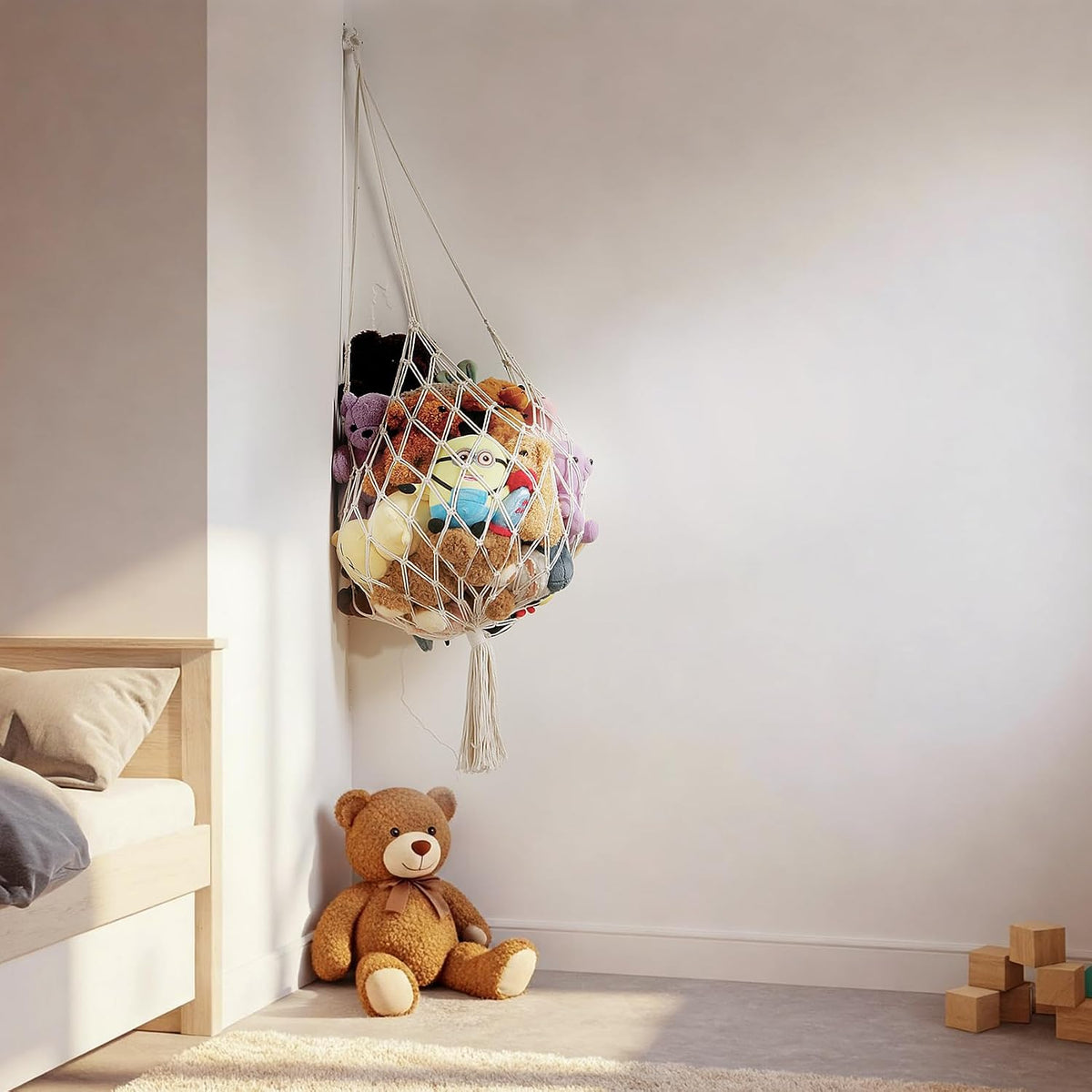 Stuffed Animal Storage Hammock Corner Hanging Net Stuffy Animal Hammock Macrame Toy Display Plush Toy Holder for Kid Bedroom Decor Boho Nursery Playroom Organizer (Cream)