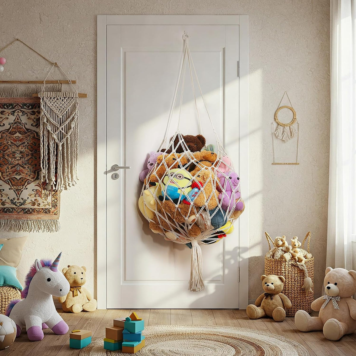 Stuffed Animal Storage Hammock Corner Hanging Net Stuffy Animal Hammock Macrame Toy Display Plush Toy Holder for Kid Bedroom Decor Boho Nursery Playroom Organizer (Cream)