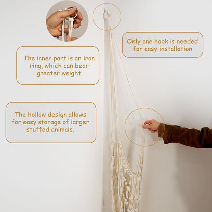 Stuffed Animal Storage Hammock Corner Hanging Net Stuffy Animal Hammock Macrame Toy Display Plush Toy Holder for Kid Bedroom Decor Boho Nursery Playroom Organizer (Cream)