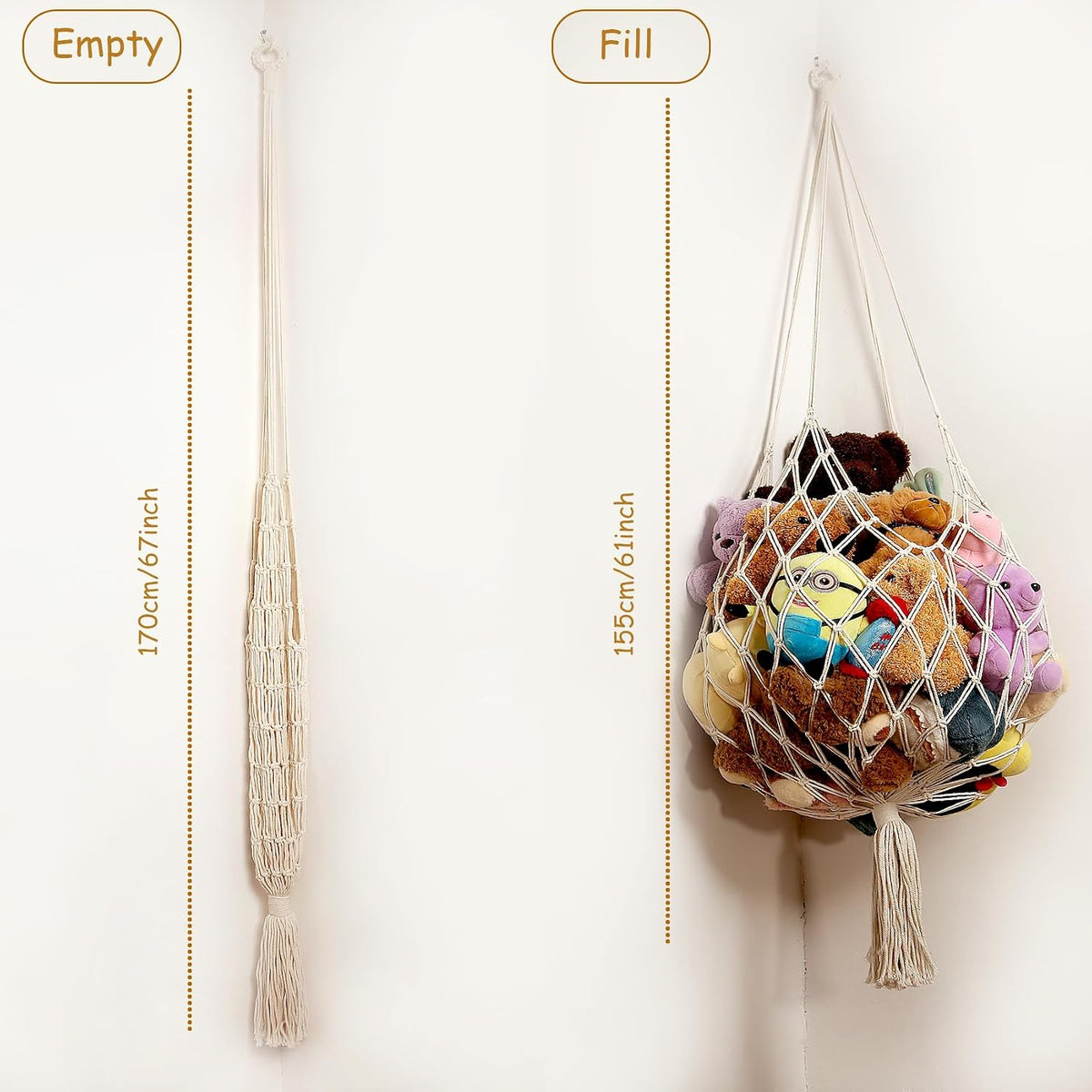 Stuffed Animal Storage Hammock Corner Hanging Net Stuffy Animal Hammock Macrame Toy Display Plush Toy Holder for Kid Bedroom Decor Boho Nursery Playroom Organizer (Cream)
