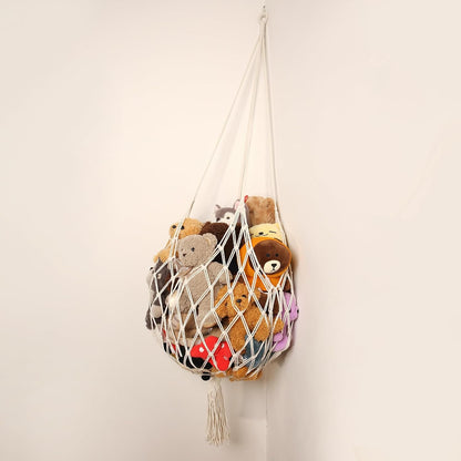 Stuffed Animal Storage Hammock Corner Hanging Net Stuffy Animal Hammock Macrame Toy Display Plush Toy Holder for Kid Bedroom Decor Boho Nursery Playroom Organizer (Cream)