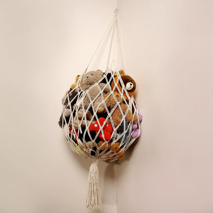Stuffed Animal Storage Hammock Corner Hanging Net Stuffy Animal Hammock Macrame Toy Display Plush Toy Holder for Kid Bedroom Decor Boho Nursery Playroom Organizer (Cream)