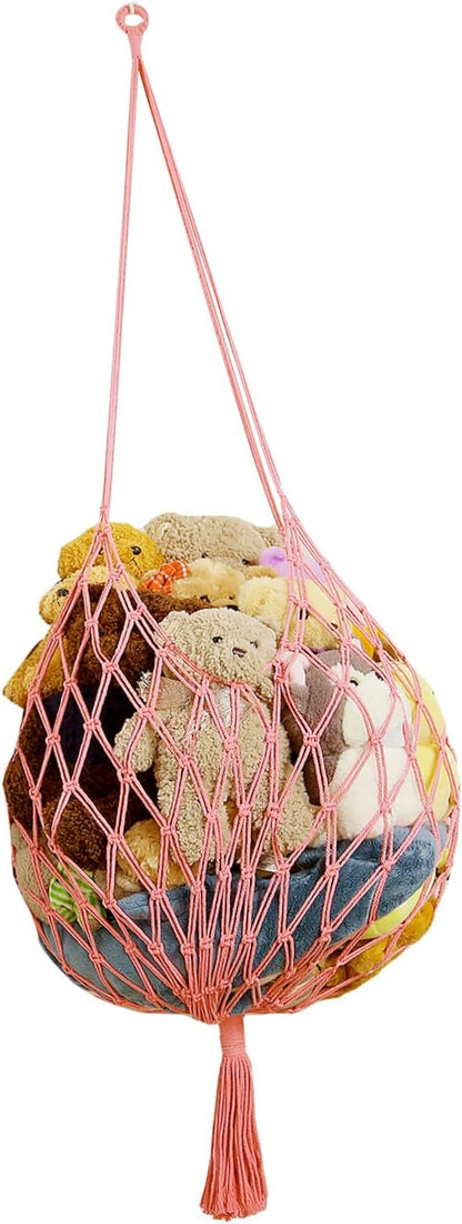 Stuffed Animal Storage Hammock Corner Hanging Net Stuffy Animal Hammock Macrame Toy Display Plush Toy Holder for Kid Bedroom Decor Boho Nursery Playroom Organizer (Cream)