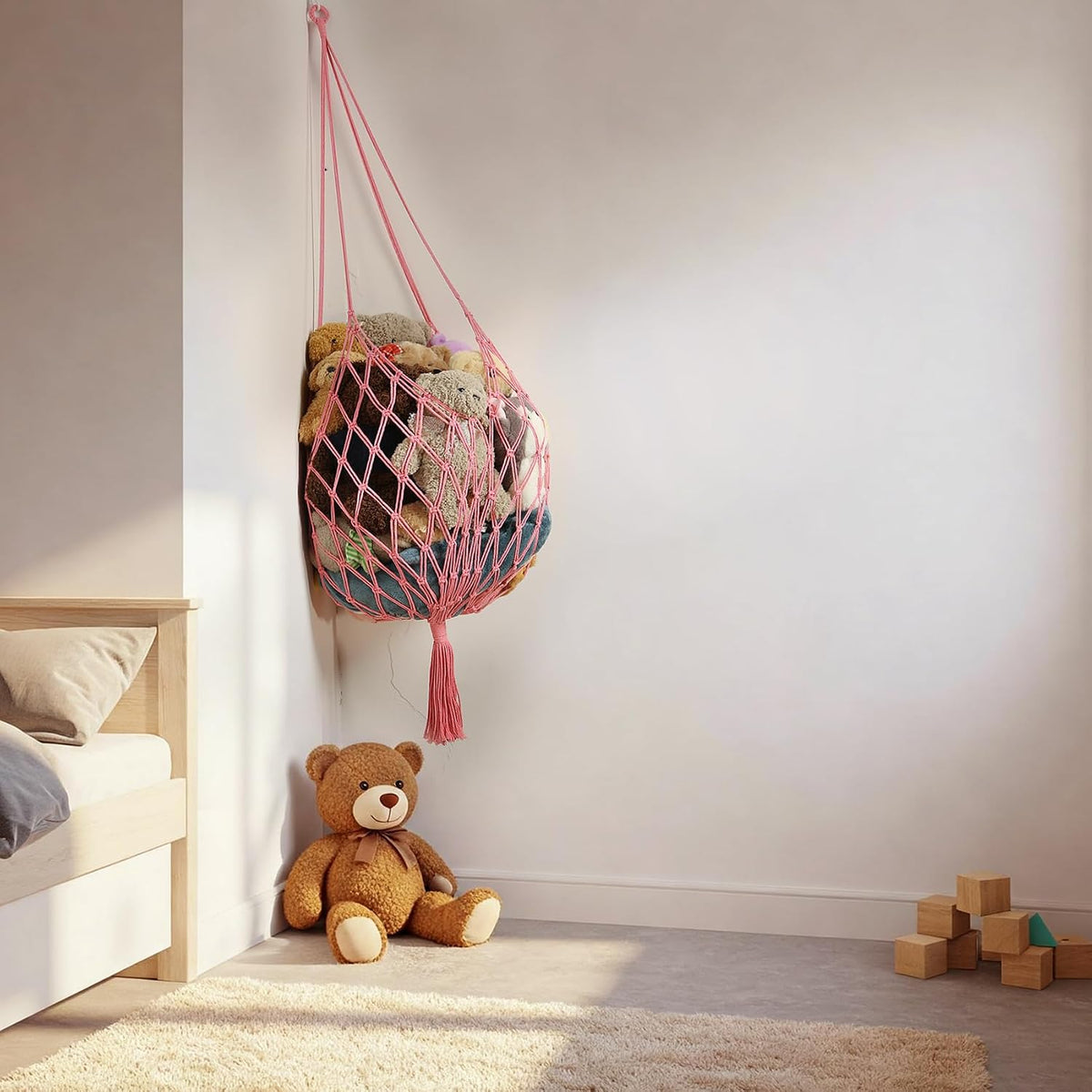 Stuffed Animal Storage Hammock Corner Hanging Net Stuffy Animal Hammock Macrame Toy Display Plush Toy Holder for Kid Bedroom Decor Boho Nursery Playroom Organizer (Cream)