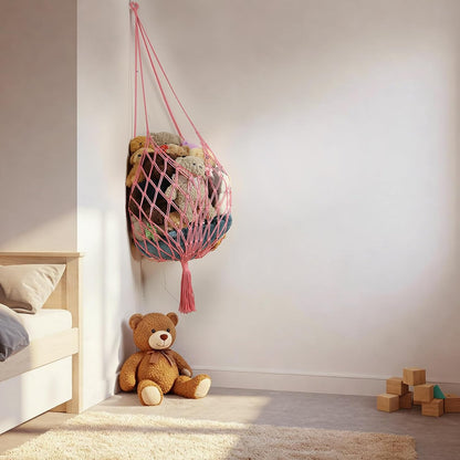 Stuffed Animal Storage Hammock Corner Hanging Net Stuffy Animal Hammock Macrame Toy Display Plush Toy Holder for Kid Bedroom Decor Boho Nursery Playroom Organizer (Cream)