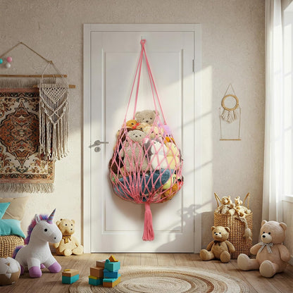 Stuffed Animal Storage Hammock Corner Hanging Net Stuffy Animal Hammock Macrame Toy Display Plush Toy Holder for Kid Bedroom Decor Boho Nursery Playroom Organizer (Cream)