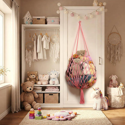 Stuffed Animal Storage Hammock Corner Hanging Net Stuffy Animal Hammock Macrame Toy Display Plush Toy Holder for Kid Bedroom Decor Boho Nursery Playroom Organizer (Cream)