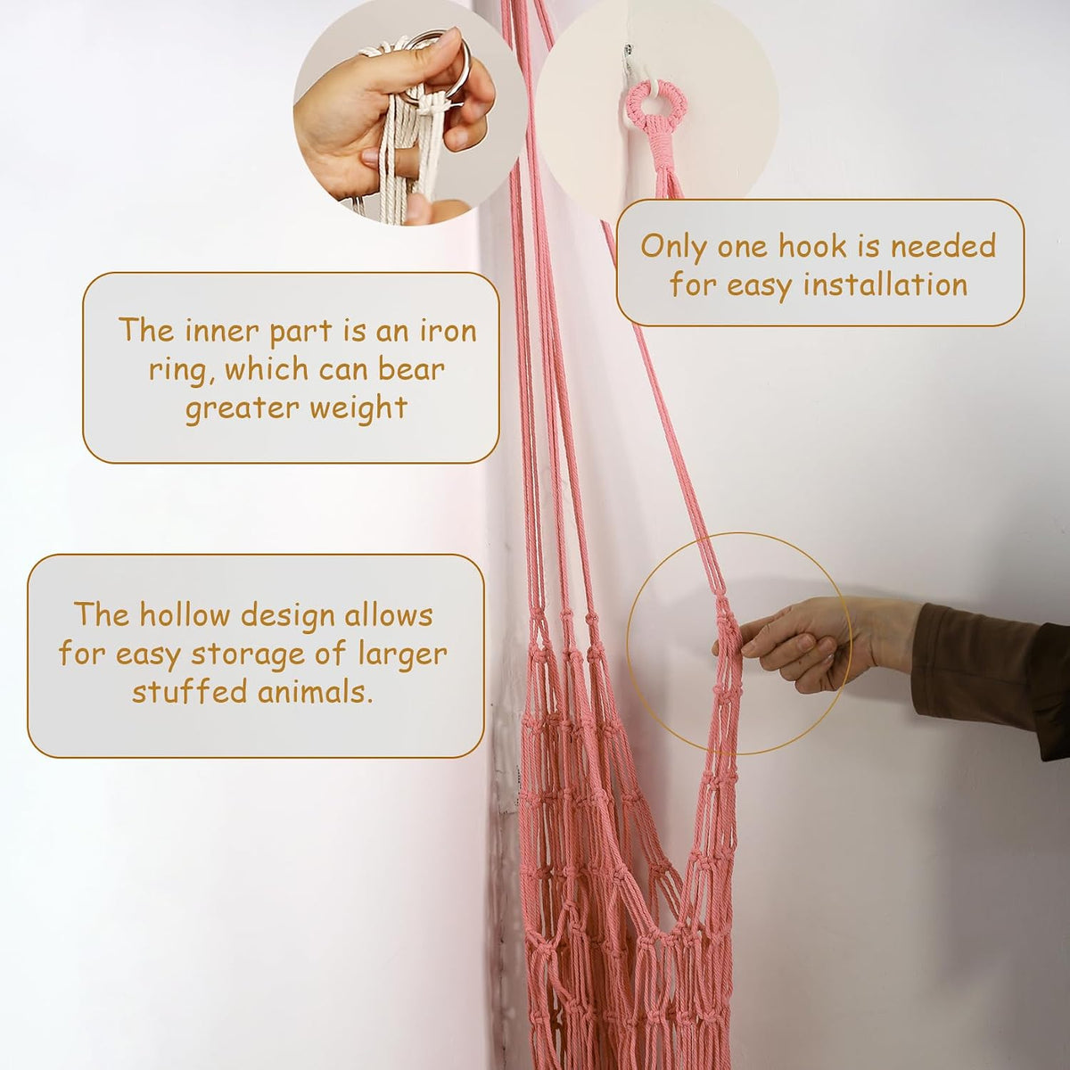 Stuffed Animal Storage Hammock Corner Hanging Net Stuffy Animal Hammock Macrame Toy Display Plush Toy Holder for Kid Bedroom Decor Boho Nursery Playroom Organizer (Cream)