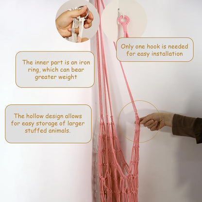 Stuffed Animal Storage Hammock Corner Hanging Net Stuffy Animal Hammock Macrame Toy Display Plush Toy Holder for Kid Bedroom Decor Boho Nursery Playroom Organizer (Cream)
