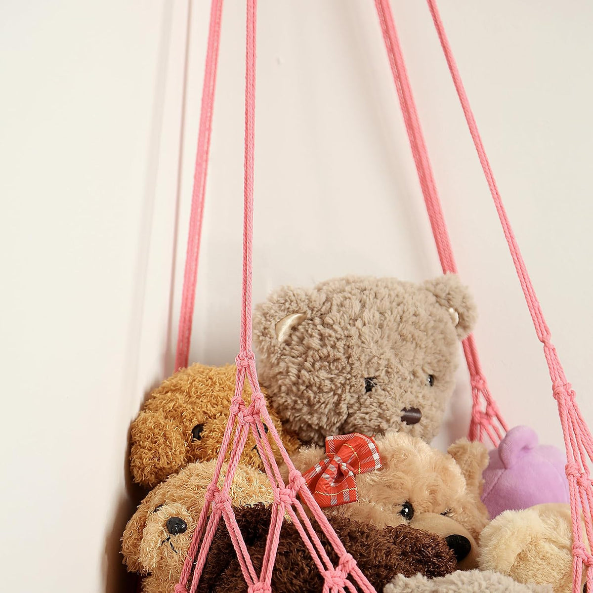 Stuffed Animal Storage Hammock Corner Hanging Net Stuffy Animal Hammock Macrame Toy Display Plush Toy Holder for Kid Bedroom Decor Boho Nursery Playroom Organizer (Cream)