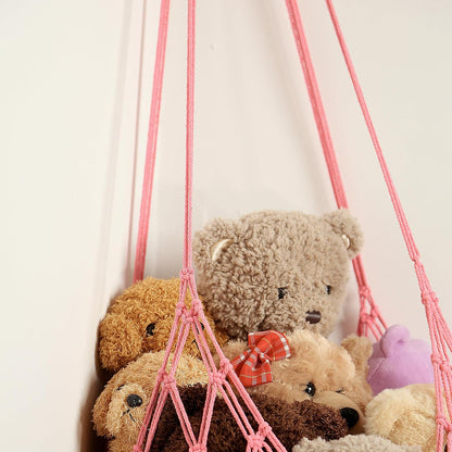 Stuffed Animal Storage Hammock Corner Hanging Net Stuffy Animal Hammock Macrame Toy Display Plush Toy Holder for Kid Bedroom Decor Boho Nursery Playroom Organizer (Cream)