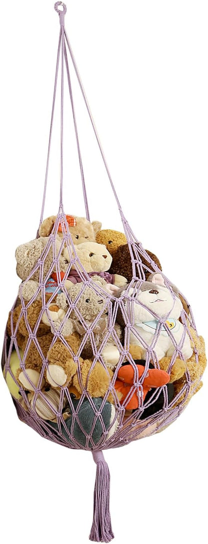 Stuffed Animal Storage Hammock Corner Hanging Net Stuffy Animal Hammock Macrame Toy Display Plush Toy Holder for Kid Bedroom Decor Boho Nursery Playroom Organizer (Cream)