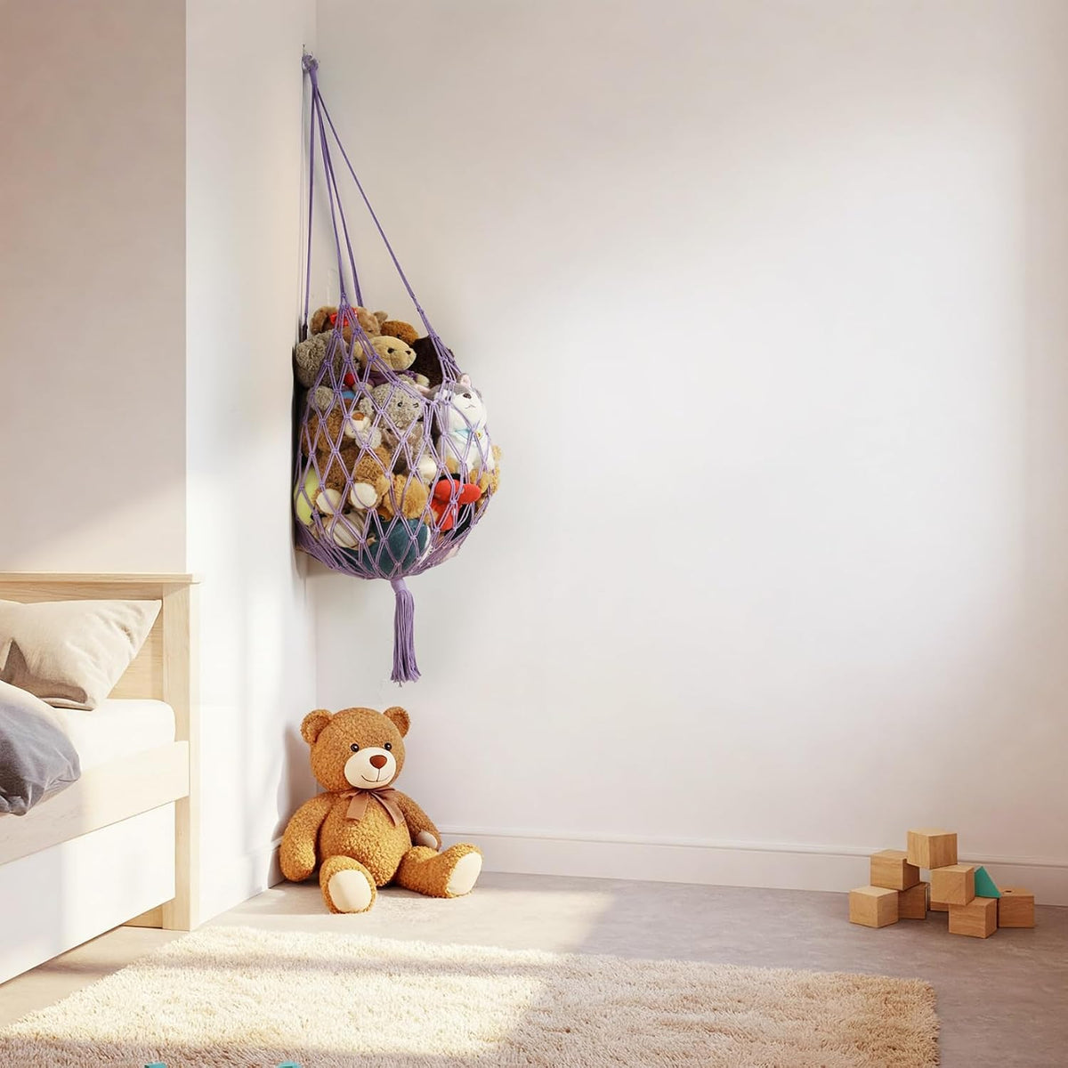 Stuffed Animal Storage Hammock Corner Hanging Net Stuffy Animal Hammock Macrame Toy Display Plush Toy Holder for Kid Bedroom Decor Boho Nursery Playroom Organizer (Cream)