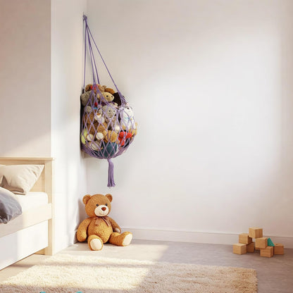 Stuffed Animal Storage Hammock Corner Hanging Net Stuffy Animal Hammock Macrame Toy Display Plush Toy Holder for Kid Bedroom Decor Boho Nursery Playroom Organizer (Cream)