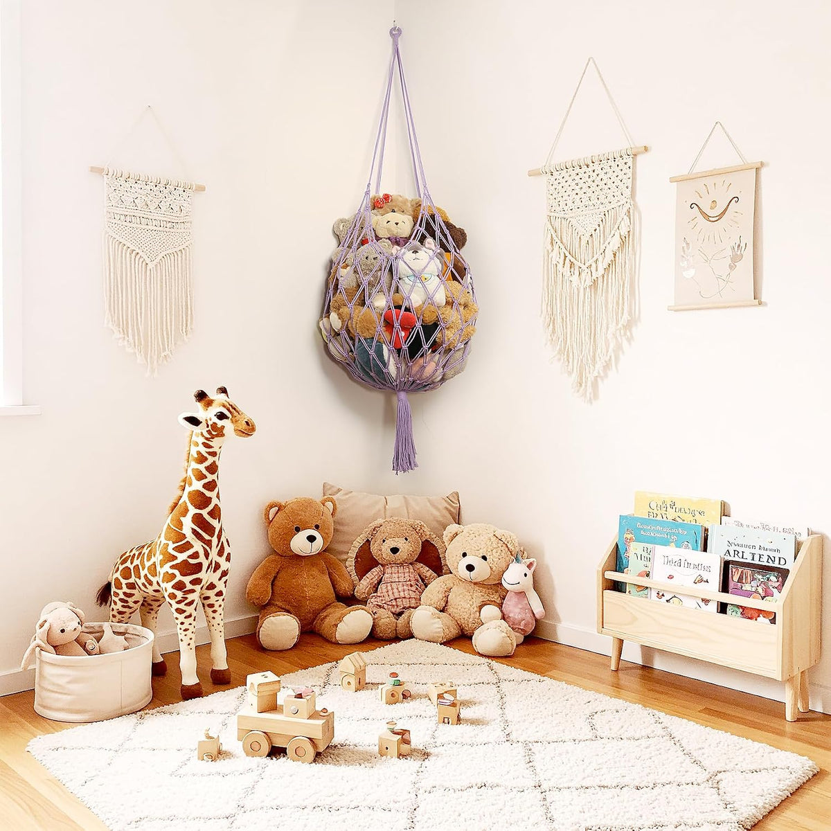 Stuffed Animal Storage Hammock Corner Hanging Net Stuffy Animal Hammock Macrame Toy Display Plush Toy Holder for Kid Bedroom Decor Boho Nursery Playroom Organizer (Cream)