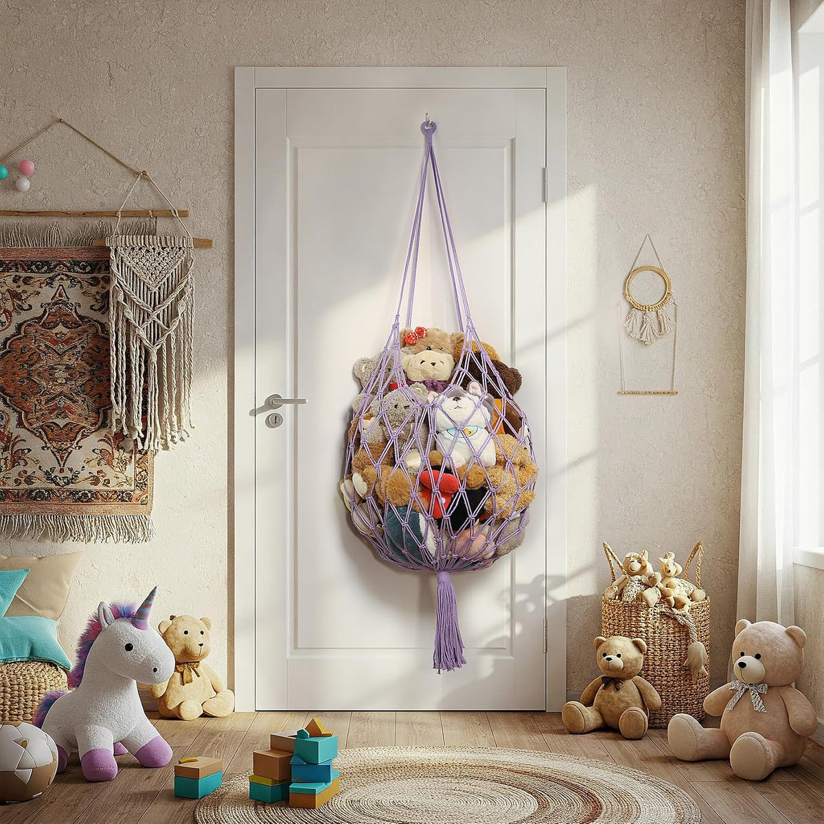 Stuffed Animal Storage Hammock Corner Hanging Net Stuffy Animal Hammock Macrame Toy Display Plush Toy Holder for Kid Bedroom Decor Boho Nursery Playroom Organizer (Cream)