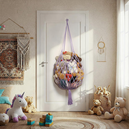 Stuffed Animal Storage Hammock Corner Hanging Net Stuffy Animal Hammock Macrame Toy Display Plush Toy Holder for Kid Bedroom Decor Boho Nursery Playroom Organizer (Cream)