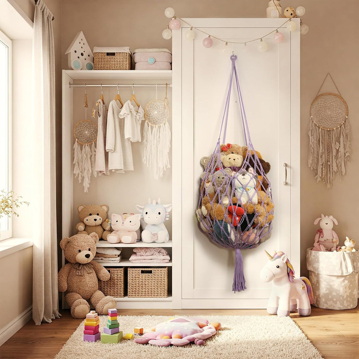 Stuffed Animal Storage Hammock Corner Hanging Net Stuffy Animal Hammock Macrame Toy Display Plush Toy Holder for Kid Bedroom Decor Boho Nursery Playroom Organizer (Cream)