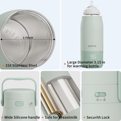Portable Bottle Warmer for Travel - 17oz Baby Milk Warmer with 1°F Precise Temp Control & LED Display, Breast Milk Warmer with 316 Stainless Steel, Dishwasher Safe & USB-C Rechargeable