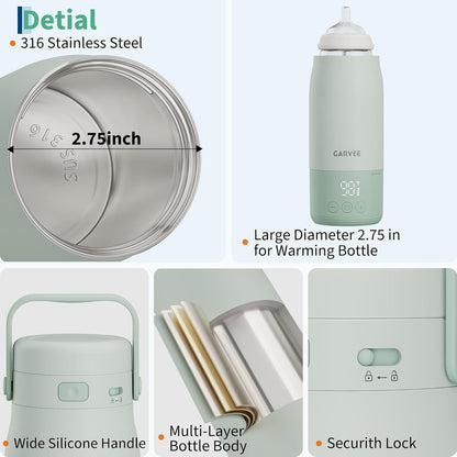 Portable Bottle Warmer for Travel - 17oz Baby Milk Warmer with 1°F Precise Temp Control & LED Display, Breast Milk Warmer with 316 Stainless Steel, Dishwasher Safe & USB-C Rechargeable