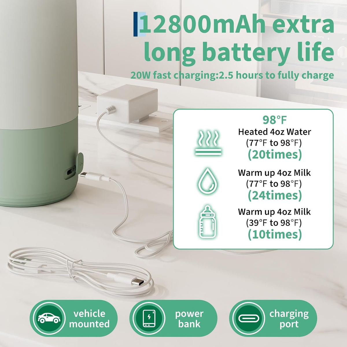 Portable Bottle Warmer for Travel - 17oz Baby Milk Warmer with 1°F Precise Temp Control & LED Display, Breast Milk Warmer with 316 Stainless Steel, Dishwasher Safe & USB-C Rechargeable