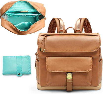 Diaper Bag Backpack, 12 Pockets Leather Mini Diaper Bag, Baby Bag Backpack, Baby Registry Search, 4 Insulated Pockets, Changing Pad, Stroller Straps(Brown)