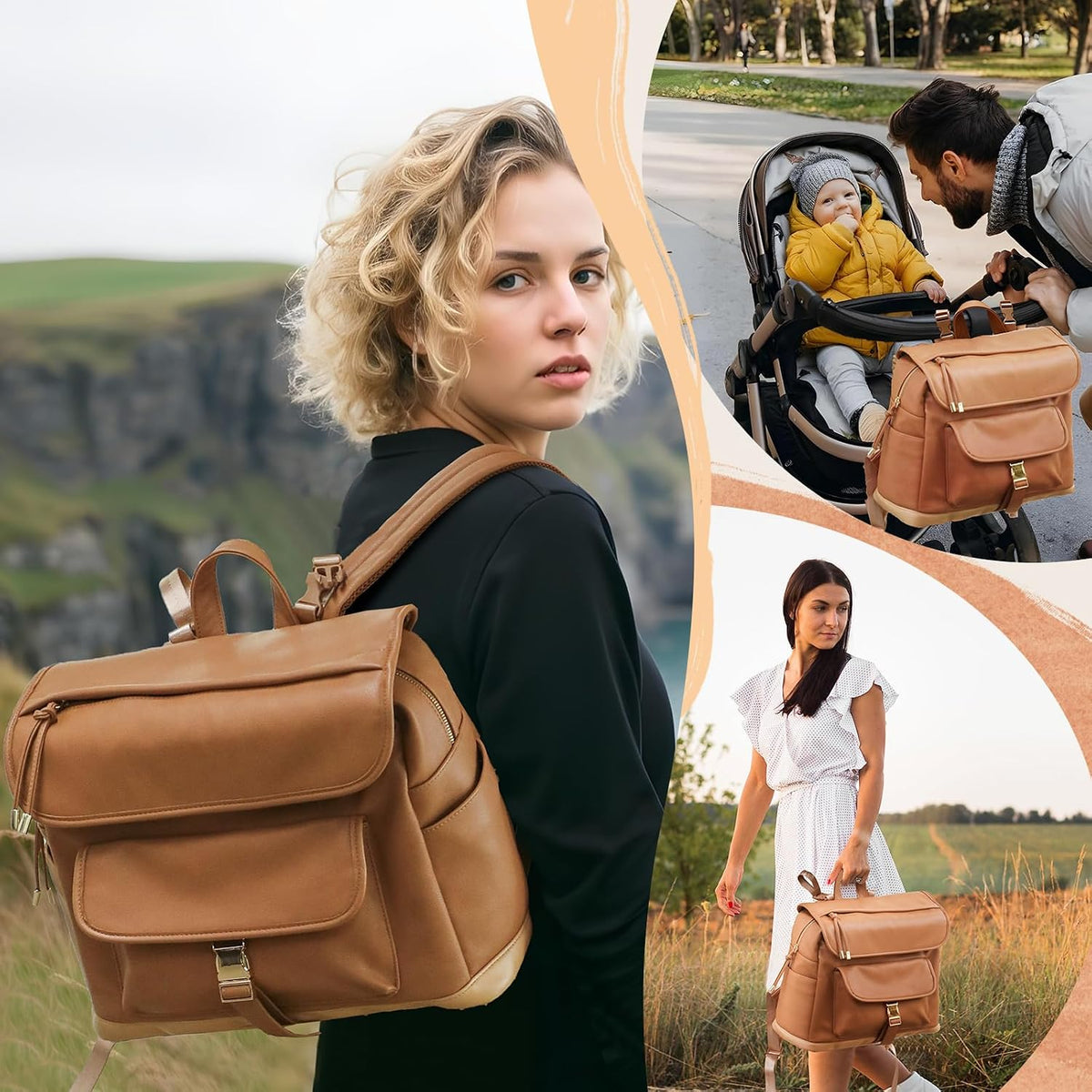 Diaper Bag Backpack, 12 Pockets Leather Mini Diaper Bag, Baby Bag Backpack, Baby Registry Search, 4 Insulated Pockets, Changing Pad, Stroller Straps(Brown)